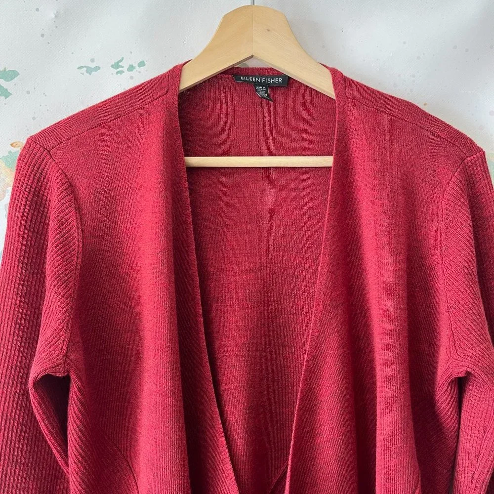 Eileen Fisher Sweater Size Medium Cardigan Red Wool Open Front Ribbed Draped - Picture 2 of 10